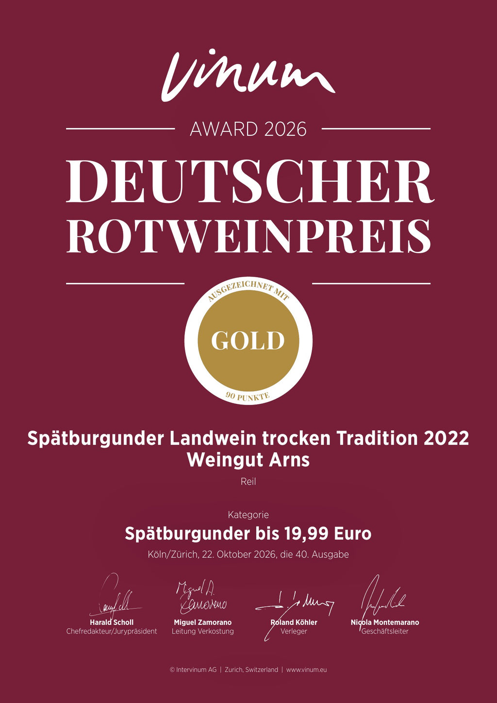 VINUM Deutscher Rotweinpreis 2026, Gold, 90 Punkte: Urkunde für den 2022 Spätburgunder Tradition trocken