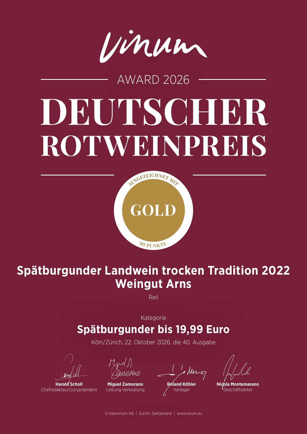 VINUM Deutscher Rotweinpreis 2026, Gold, 90 Punkte: Urkunde für den 2022 Spätburgunder Tradition trocken