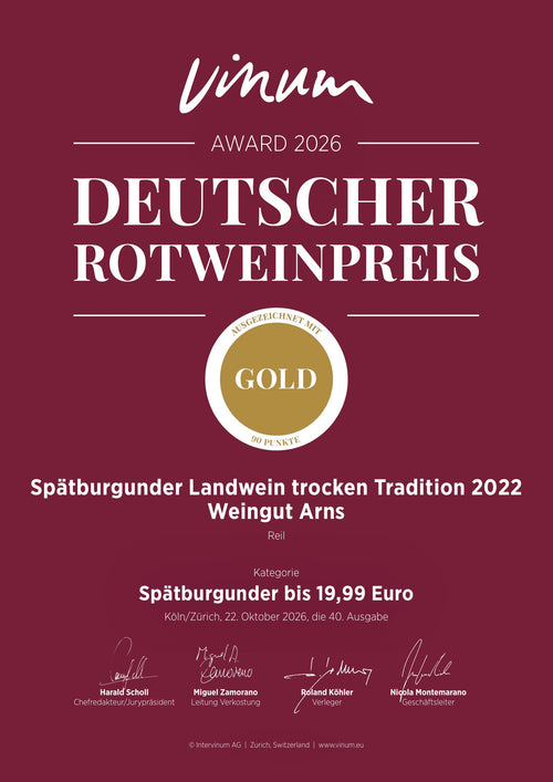 VINUM Deutscher Rotweinpreis 2026, Gold, 90 Punkte: Urkunde für den 2022 Spätburgunder Tradition trocken
